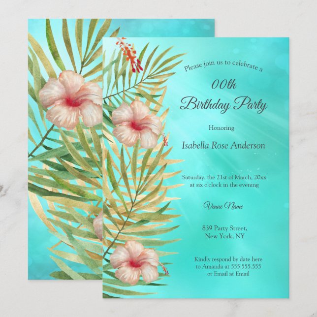 Invitación Fiesta de cumpleaños de la Palm Gold con tropismo  (Anverso / Reverso)