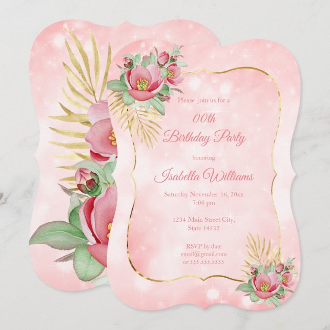 Invitación Fiesta de cumpleaños de la palma dorada con flores (Anverso / Reverso)