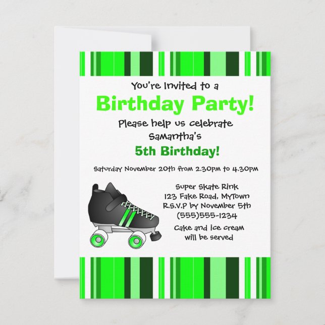 Invitación Fiesta de cumpleaños de la patineta verde - Huelga (Anverso)
