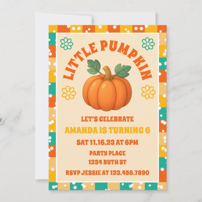 Invitación Fiesta de cumpleaños de la pequeña calabaza retro  (Anverso)