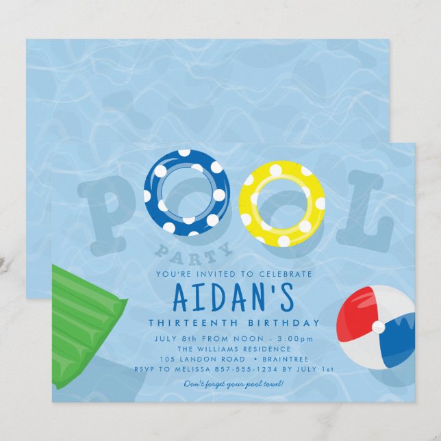 Invitación Fiesta de cumpleaños de la piscina (Anverso / Reverso)