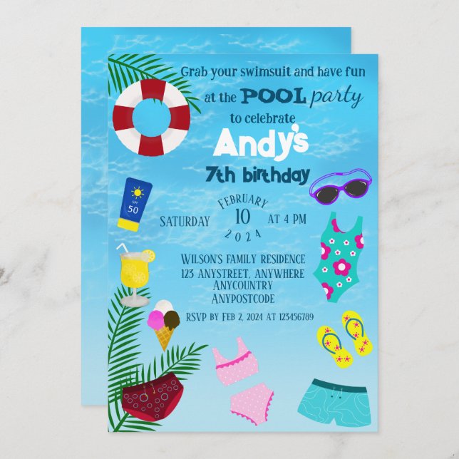 Invitación Fiesta de cumpleaños de la piscina de diversiones (Anverso / Reverso)
