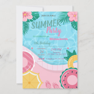Invitación Fiesta de cumpleaños de la piscina de flores tropi