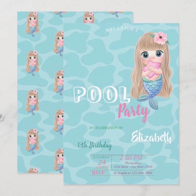 Invitación Fiesta de Cumpleaños de la Piscina de la Sirenita  (Anverso / Reverso)
