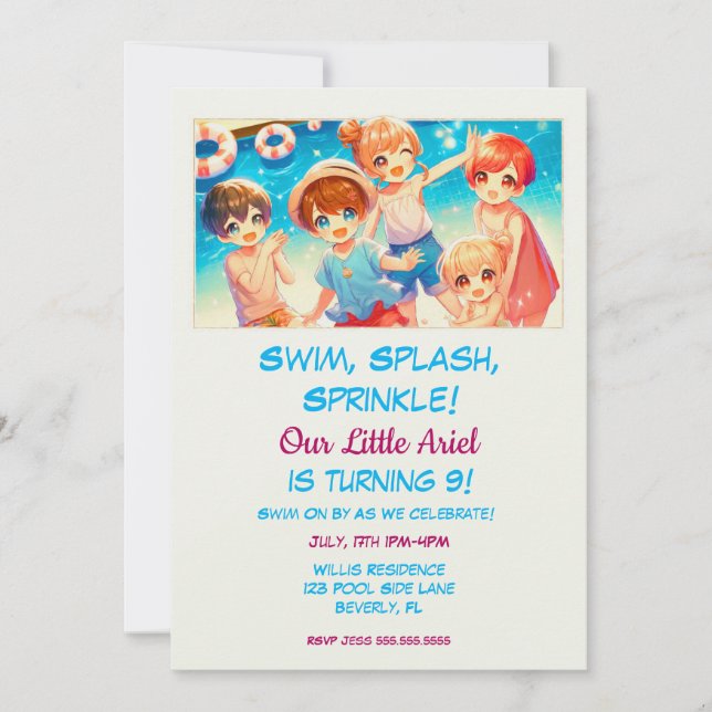 Invitación Fiesta de cumpleaños de la piscina de niños animad (Anverso)
