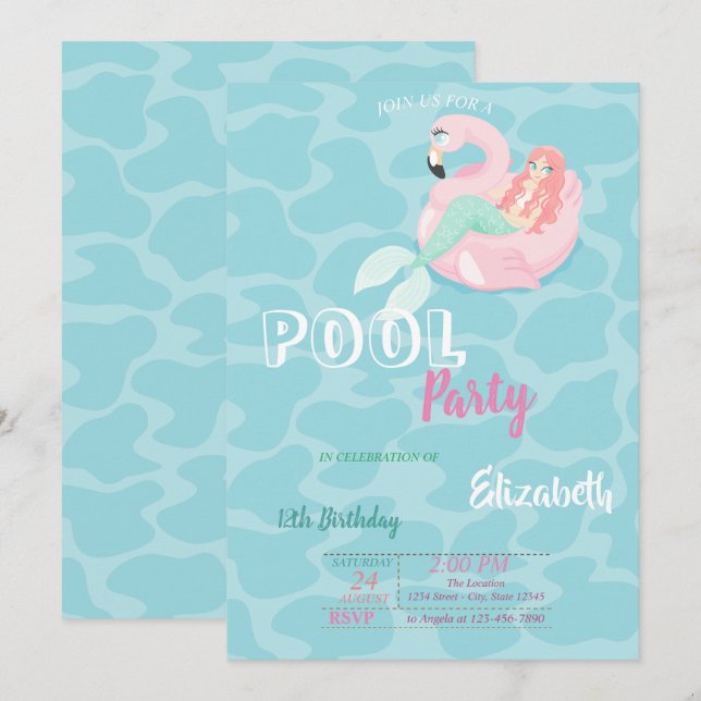 Invitación Fiesta de cumpleaños de la piscina de sirenas (Anverso / Reverso)
