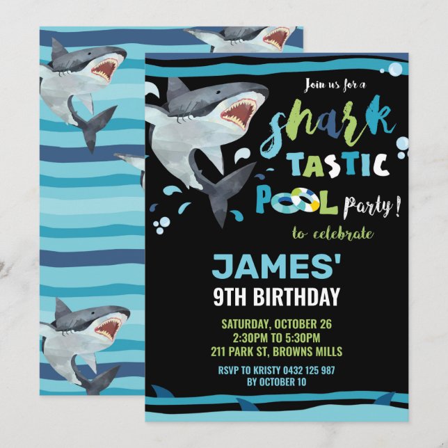 Invitación Fiesta de cumpleaños de la piscina de tiburones ch (Anverso / Reverso)