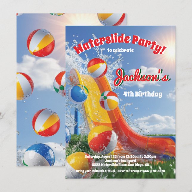Invitación Fiesta de cumpleaños de la piscina de tobogán de a (Anverso / Reverso)