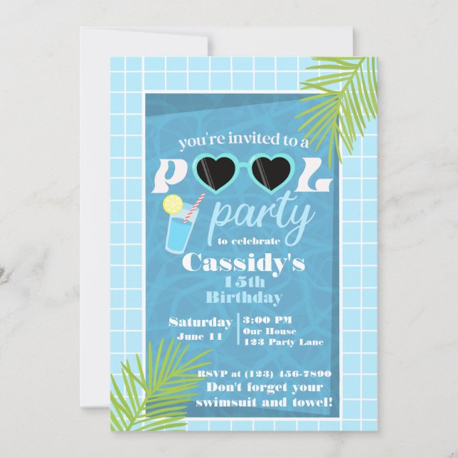 Invitación Fiesta de cumpleaños de la piscina de verano azul  (Anverso)