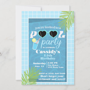 Invitación Fiesta de cumpleaños de la piscina de verano azul 