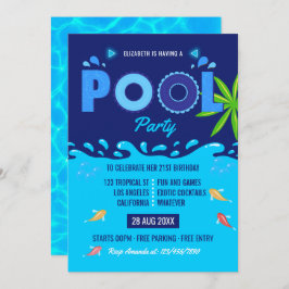 Invitación Fiesta de cumpleaños de la piscina de verano azul 