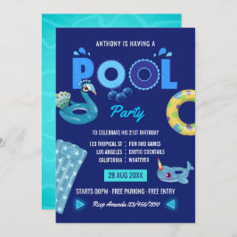 Invitación Fiesta de cumpleaños de la piscina de verano azul 