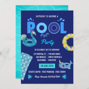 Invitación Fiesta de cumpleaños de la piscina de verano azul 