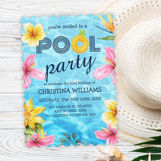 Invitación Fiesta de cumpleaños de la piscina de verano tropi (Tropical Summer Pool Birthday Party Invitation)