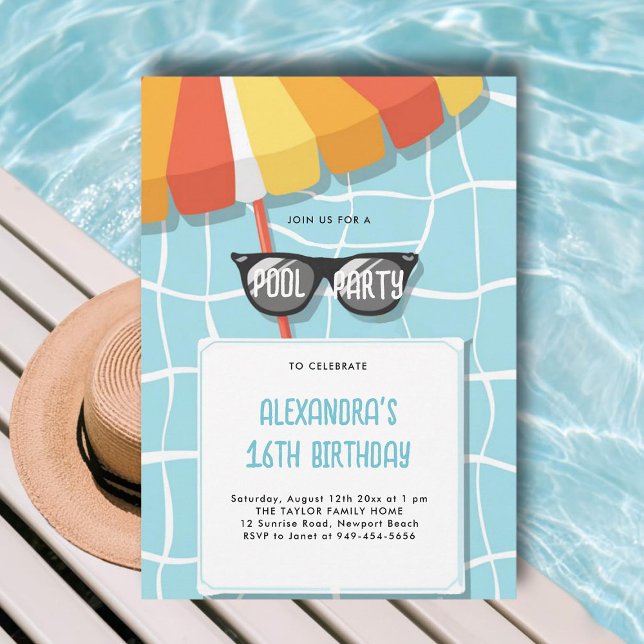 Invitación Fiesta de cumpleaños de la piscina joven Guay mode (sweet 16 pool party invitations ideas modern simple pink yellow orange teal aqua cool sunglasses)