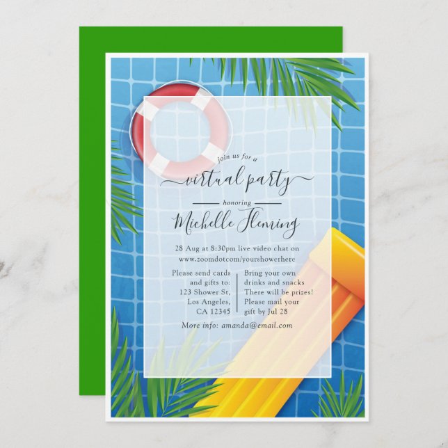 Invitación Fiesta de cumpleaños de la piscina virtual tropica (Anverso / Reverso)