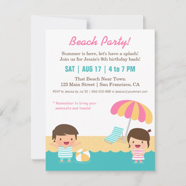 Invitación Fiesta de cumpleaños de la playa de niños divertid (Anverso)