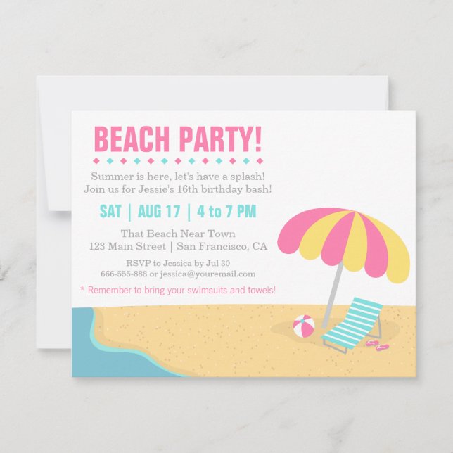 Invitación Fiesta de cumpleaños de la playa de verano para ad (Anverso)