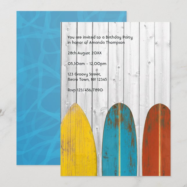 Invitación Fiesta de cumpleaños de la playa Rustic Surfer Ret (Anverso / Reverso)