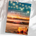 Invitación Fiesta de cumpleaños de la playa Tropical Sunset B<br><div class="desc">Invitaciones a fiestas de cumpleaños de playa de verano con fondo de isla de playa tropical al atardecer, un frasco de albañil con luces brillantes, luces de cuerda y una plantilla de texto de la celebración. Haga clic en el botón "Personalizar" para obtener más información sobre esta plantilla. Podrá modificar...</div>