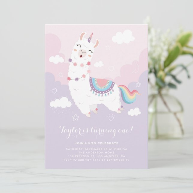 Invitación Fiesta de cumpleaños de la Primera Llama Unicornio (Anverso de pie)