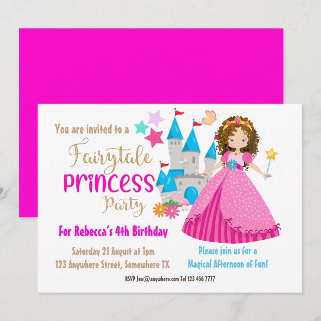 Invitación Fiesta de cumpleaños de la princesa Brown Hair (Anverso / Reverso)