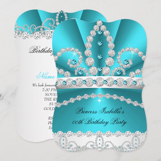 Invitación Fiesta de Cumpleaños de la Princesa con Tiara de D (Anverso / Reverso)