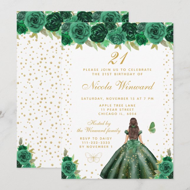 Invitación Fiesta de cumpleaños de la princesa de pelo castañ (Anverso / Reverso)