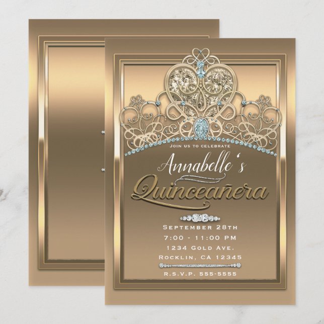 Invitación Fiesta de cumpleaños de la princesa Glam Gold (Anverso / Reverso)