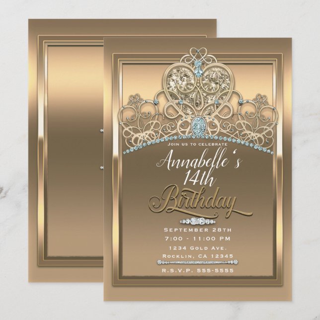 Invitación Fiesta de cumpleaños de la princesa Glam Gold (Anverso / Reverso)