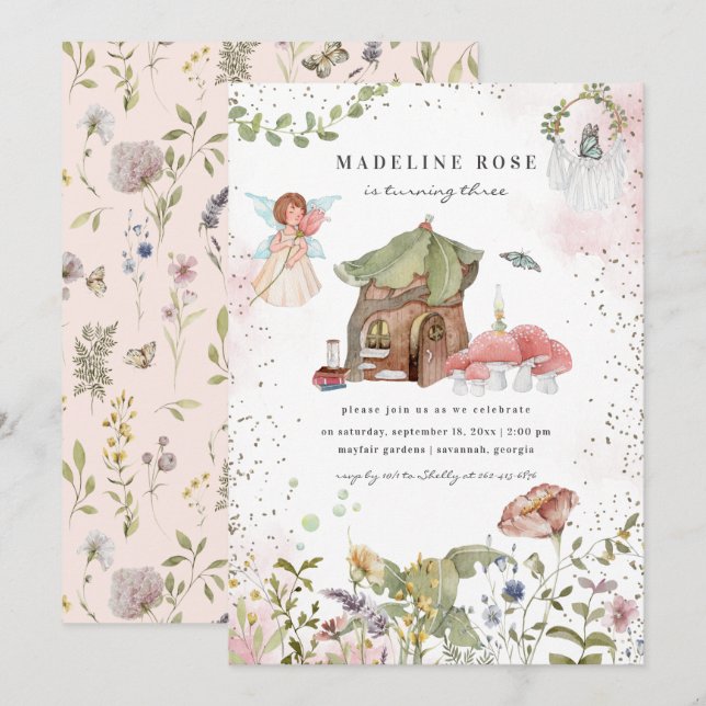 Invitación Fiesta de Cumpleaños de la Princesa Hada Floral Má (Anverso / Reverso)