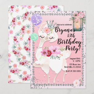Invitación Fiesta de Cumpleaños de la Princesa Llama Glam Div