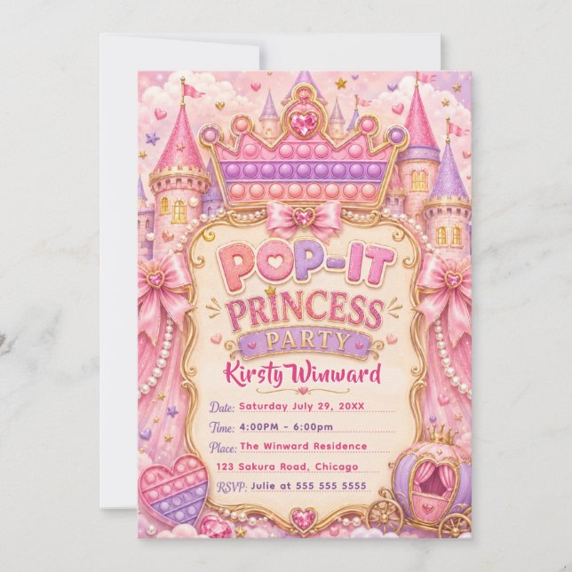 Invitación Fiesta de Cumpleaños de la Princesa Pop-It (Anverso)