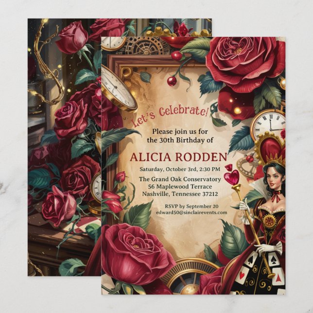Invitación Fiesta de Cumpleaños de la Reina de Corazones (Anverso / Reverso)