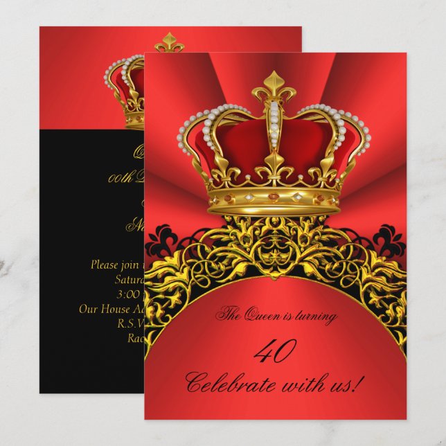 Invitación Fiesta de cumpleaños de la reina real de oro (Anverso / Reverso)