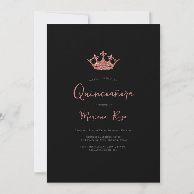 Invitación Fiesta de cumpleaños de la Rosa Gold Tiara Quincea (Anverso)