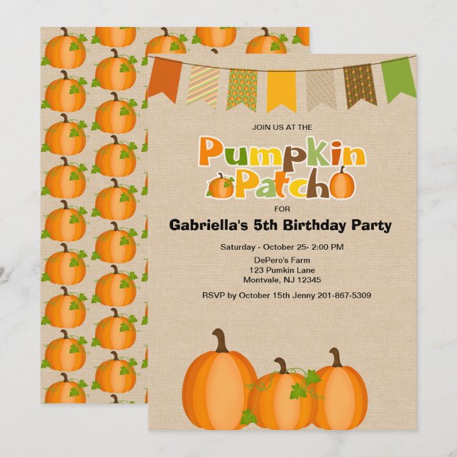 Invitación Fiesta de cumpleaños de la Rústica Calabaza de Oto (Anverso / Reverso)