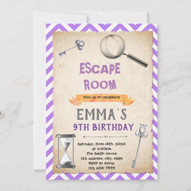 Invitación Fiesta de cumpleaños de la sala de escape de plata (Anverso)