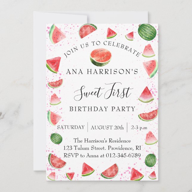 Invitación Fiesta de cumpleaños de la sandía (Anverso)