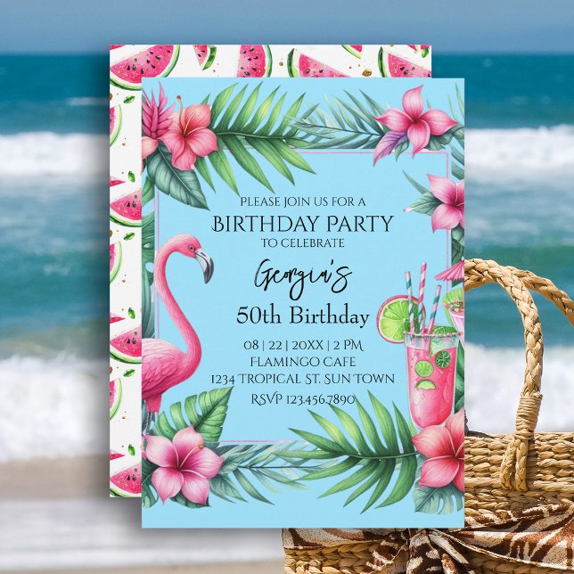 Invitación Fiesta de cumpleaños de la sandía Flamingo Tropica (Tropical Flamingo Watermelon Birthday Party Invitation.  Celebrate your birthday with beach vibes.)