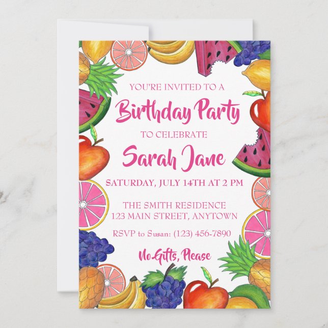 Invitación Fiesta de cumpleaños de la sandía plástica de la f (Anverso)