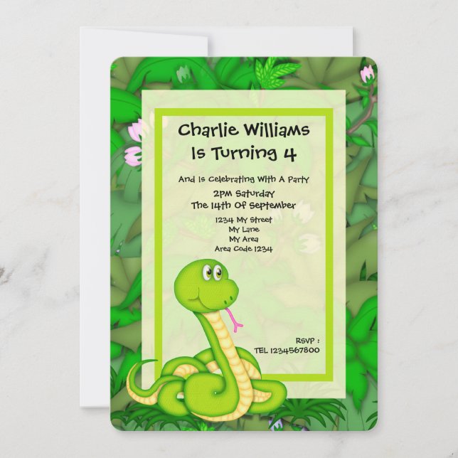 Invitación Fiesta de cumpleaños de la serpiente (Anverso)