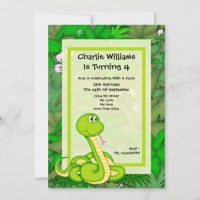 Invitación Fiesta de cumpleaños de la serpiente (Anverso)