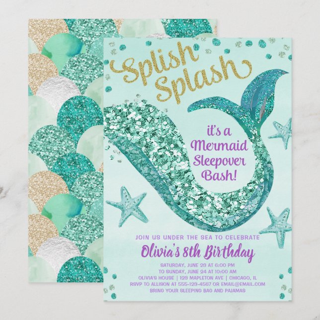 Invitación Fiesta de cumpleaños de la sirena (Anverso / Reverso)