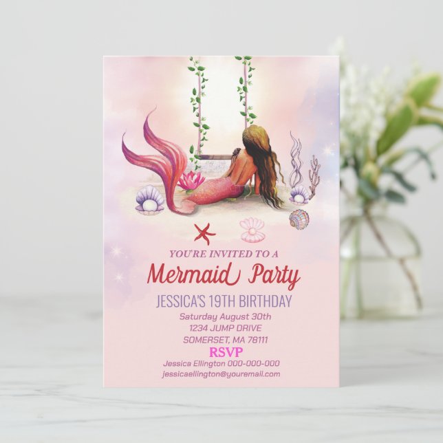 Invitación Fiesta de Cumpleaños de la Sirena Bajo El Mar (Anverso de pie)