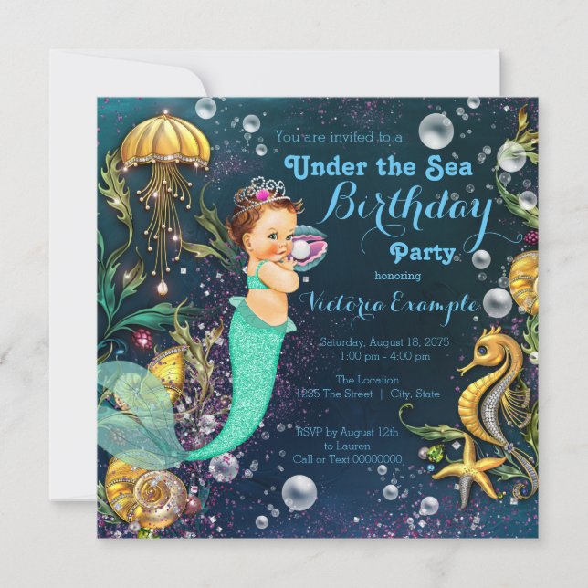 Invitación Fiesta de Cumpleaños de la Sirena Bajo El Mar (Anverso)