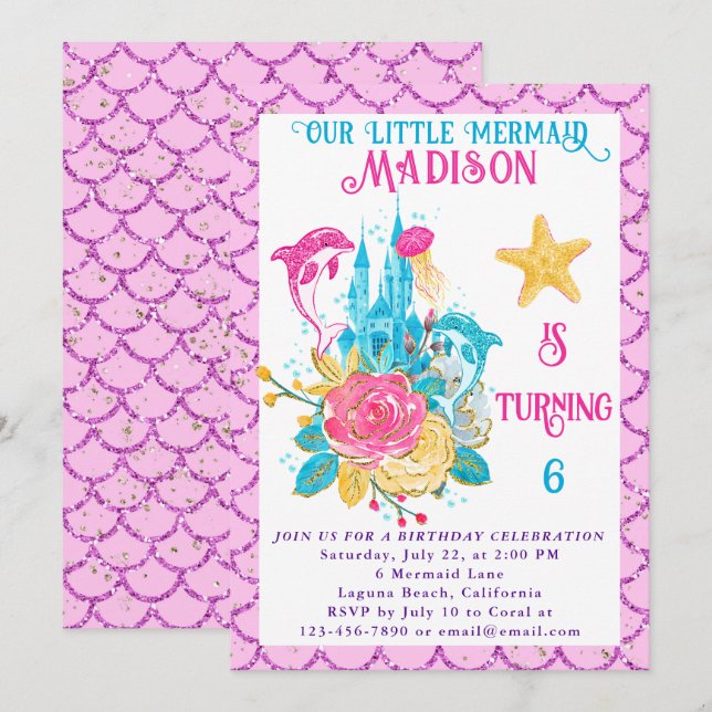 Invitación Fiesta de cumpleaños de la sirena bajo el Purpurin (Anverso / Reverso)