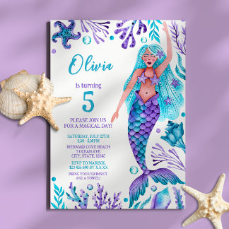 Invitación Fiesta de cumpleaños de la Sirena Chica Watercolor