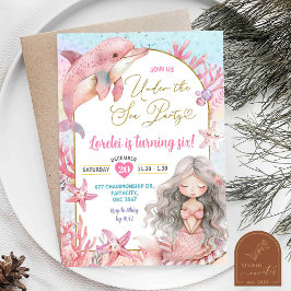 Invitación Fiesta de cumpleaños de la sirena de delfines rosa