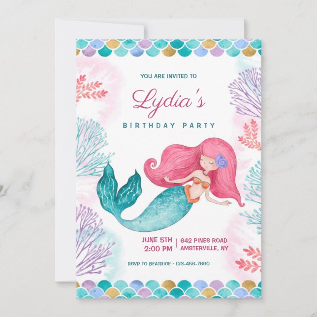 Invitación Fiesta de cumpleaños de la sirena de la bonito (Anverso)
